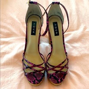 5 inch cork bottom aqua ankle strap shoes